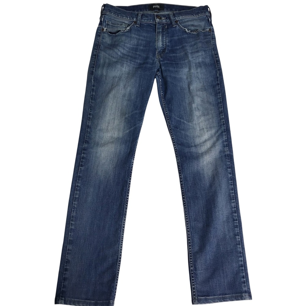 Paige Lennox Slim Straight Jeans Oil Well Blue Wash Mens 30x29 Distressed Pocket